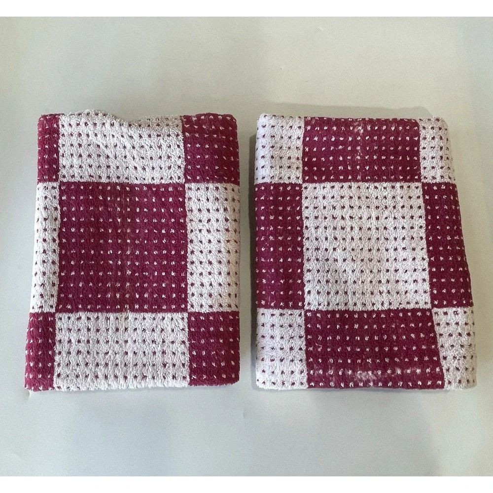 Cannon Royal Family Bath Towel Set Of 2 Checkered Burgundy & White Vintage 70s